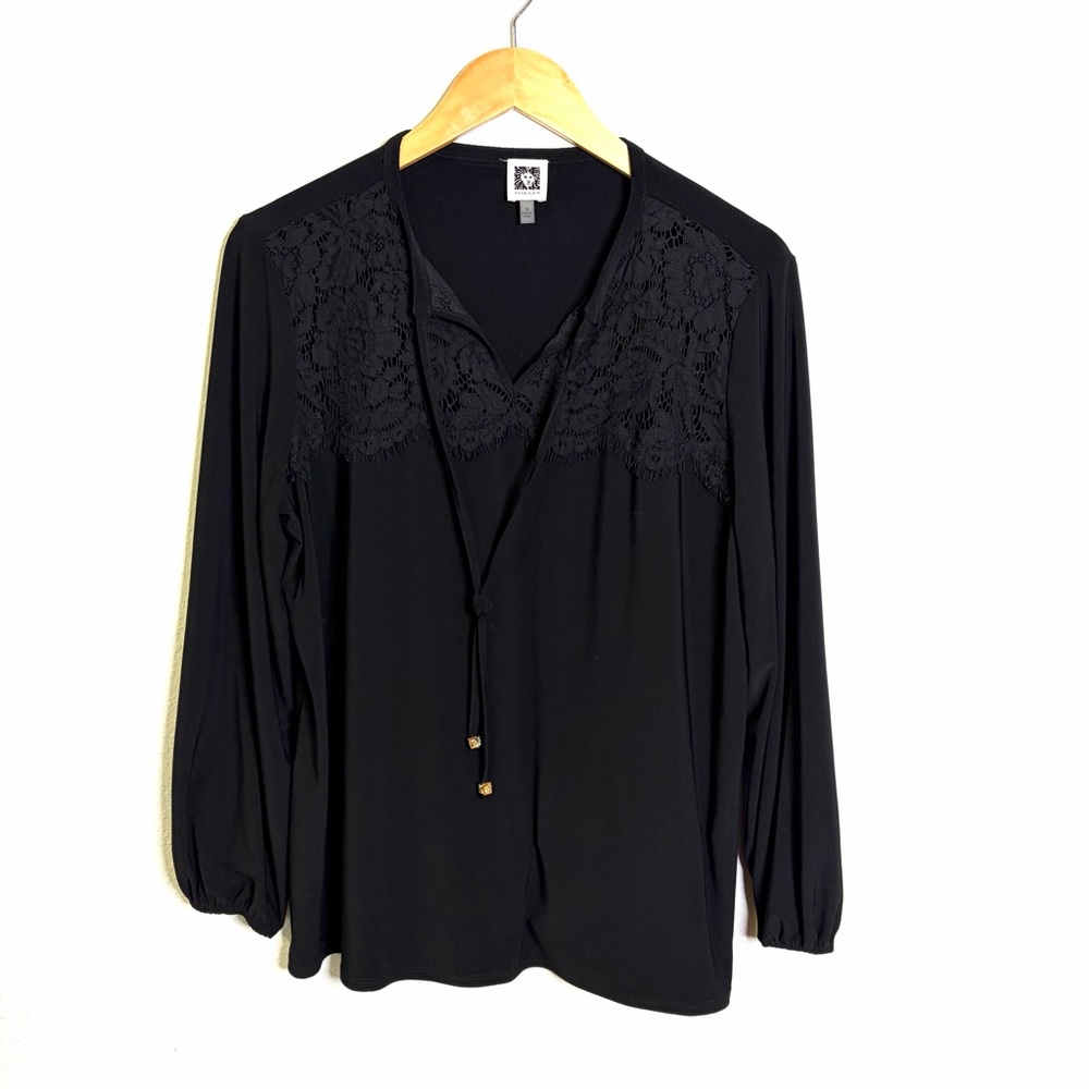 Anne Klein Black Lace yoke Blouse top long peasant sleeve sz 1x v neck tie